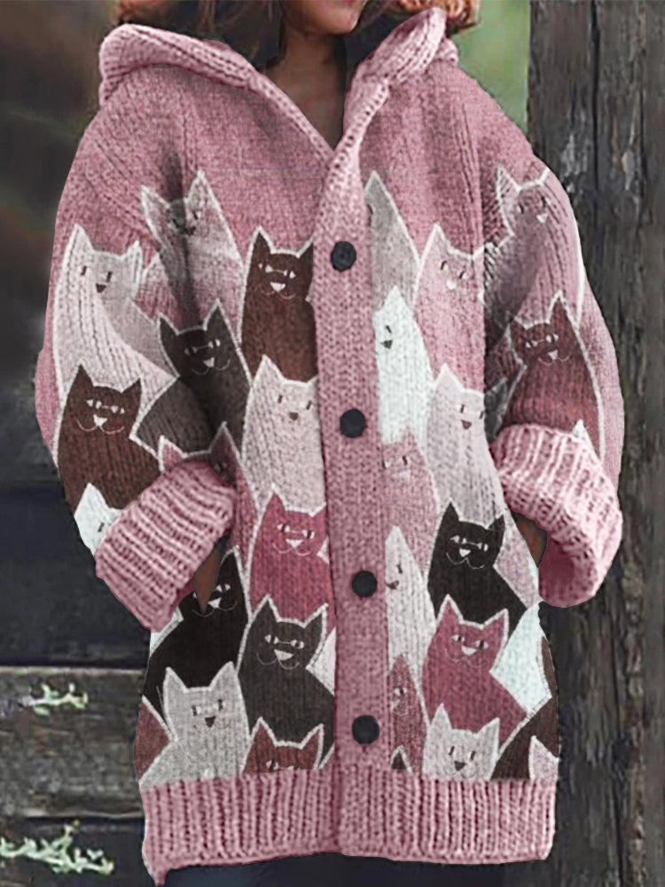 Crowded Cats Denim Patchwork Art Cozy Knit Hooded Cardigan elevenforest