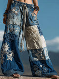 Comstylish Boho Floral Lace Fiber Art Patchwork Flowy Casual Pants