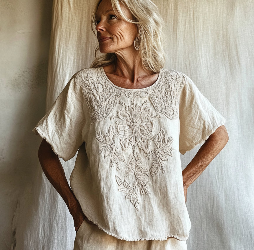 Comstylish Vintage Floral Art Cotton Linen Comfy Shirt