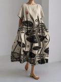Comstylish Fish under Sea Japanese Lino Art Linen Blend Maxi Dress