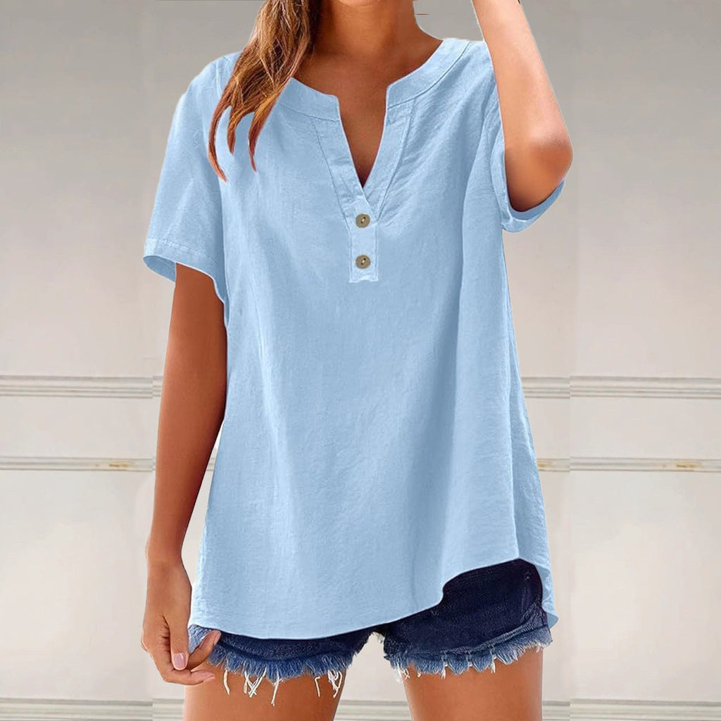 Comstylish Solid Color Linen Blended V-neck Loose Blouse