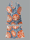 Women's V-Neck Floral Art Print Suspender Skirt Tankini Pantskirt Set Swimsuit