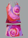 V-Neck Vintage Flowers Print Suspender Skirt Tankini Pantskirt Set Swimsuit