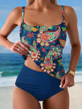 Women's Floral Art Print Summer Beach Halter Top And Solid Color Triangle Briefs Tankini Set