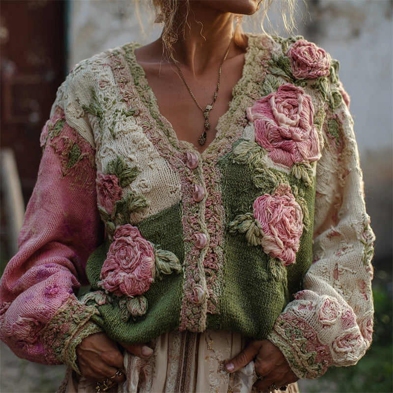 Vintage Pink Roses Crochet Embroidered Colorblock Patchwork Cozy Cardigan artswardrobe