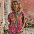 Comstylish Women's Vintage Flower Embroidered Art Linen Blend V-neck Shirt