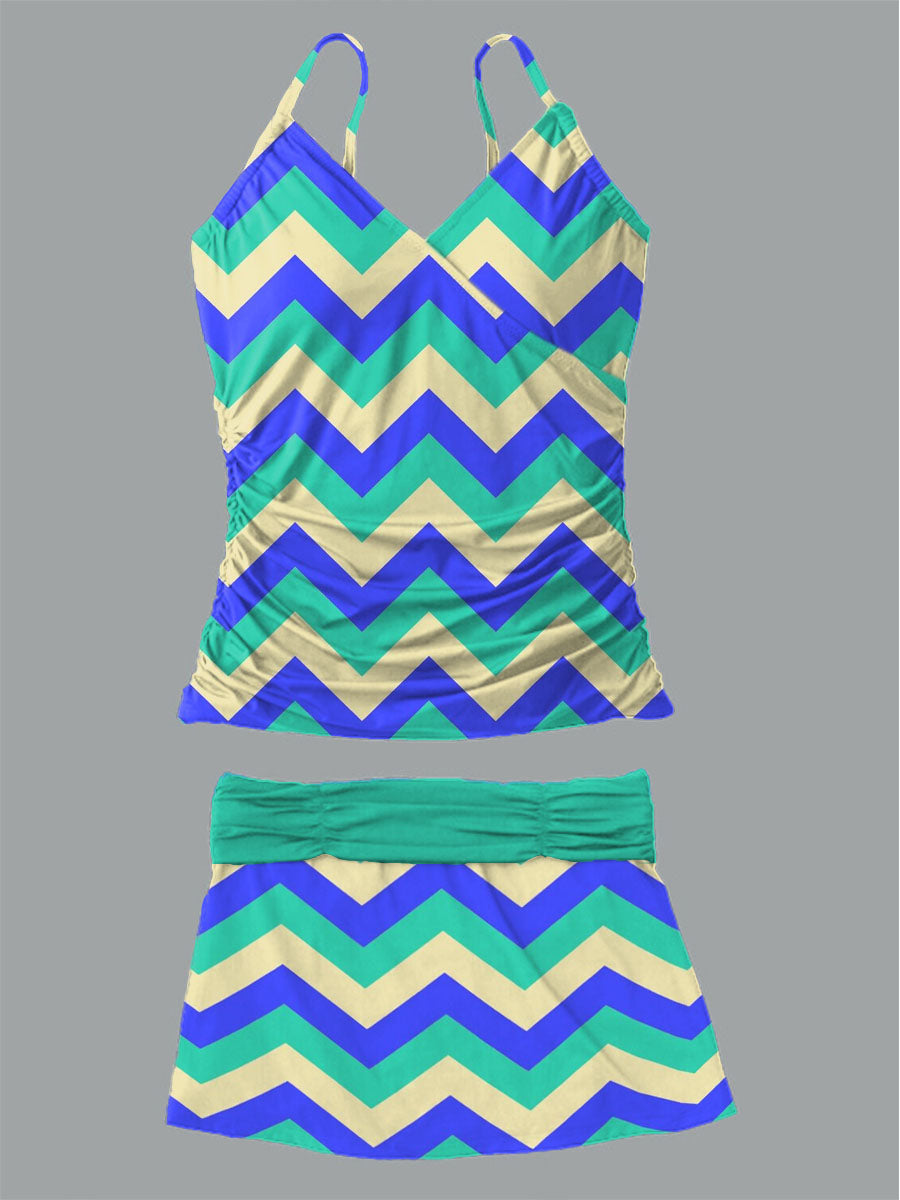 Women's Summer Wave Stripe Printed Casual Suspender Shirred Swimsuit Set
