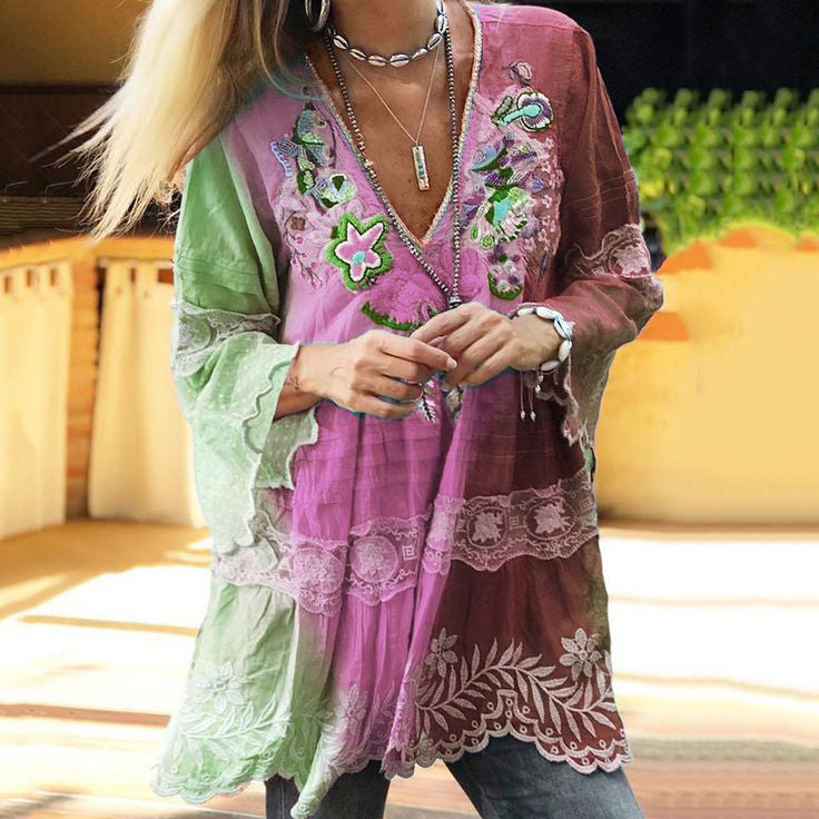 Vintage Boho Purple Floral Embroidered  Color Block Patchwork Linen V-neck Tunic artswardrobe