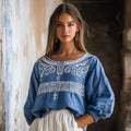 Vintage Greek Key Motif Cretan Embroidery Linen Blend T-shirt artswardrobe
