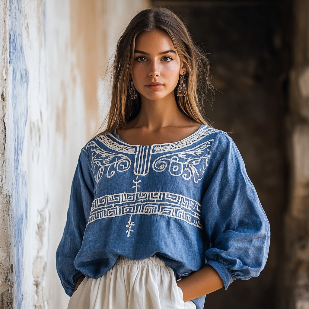 Vintage Greek Key Motif Cretan Embroidery Linen Blend T-shirt artswardrobe