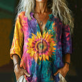 Comstylish Women's Colorful Tie-dye Sunflower Art Print Casual Linen Shirt