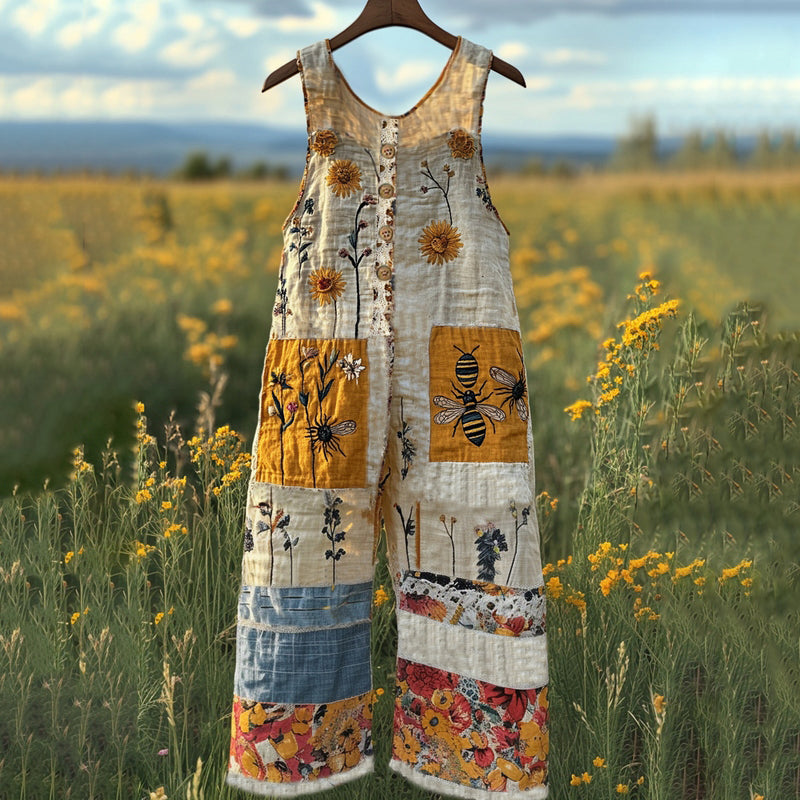 Insect Wildflower Floral Embroidery Art Linen Button Jumpsuits artswardrobe