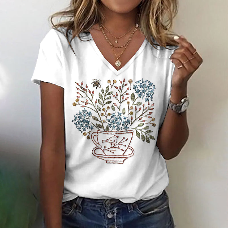Women's Vintage Cup Floral Bird Embroidery Pattern V-neck T-shirt artswardrobe