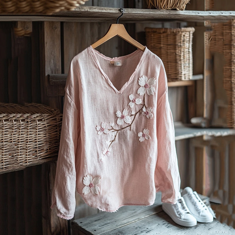 Comstylish Vintage Sakura Art Japanese Embroidery Graphics Linen Blend V-neck Tunic