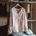 Vintage Sakura Art Japanese Embroidery Graphics Linen Blend V-neck Tunic artswardrobe