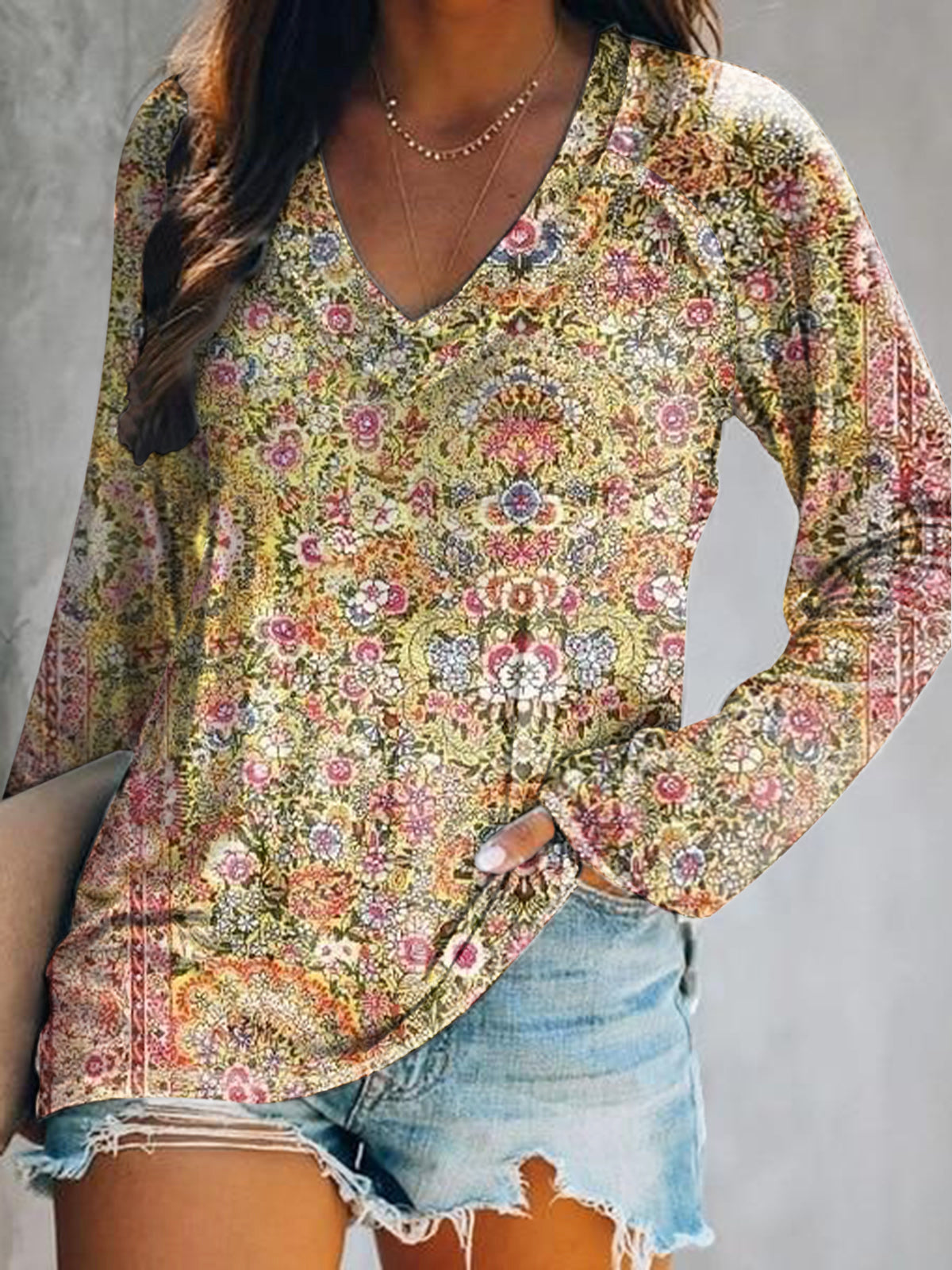Women's Casual Vintage Floral Art Print V Neck Long Sleeve Tops