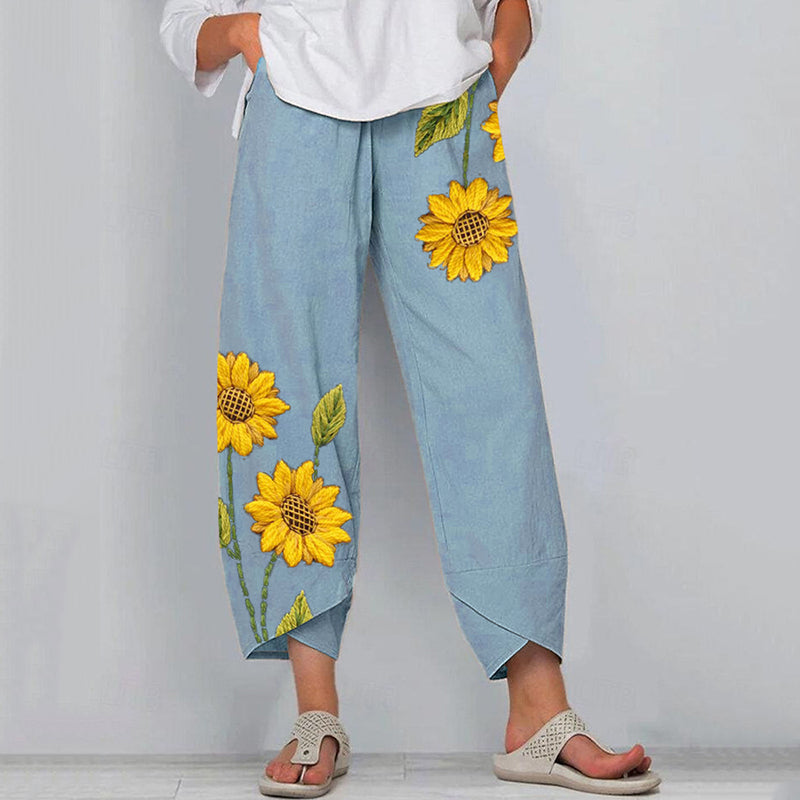 Sunflower Embroidered Linen Blend Pants artswardrobe