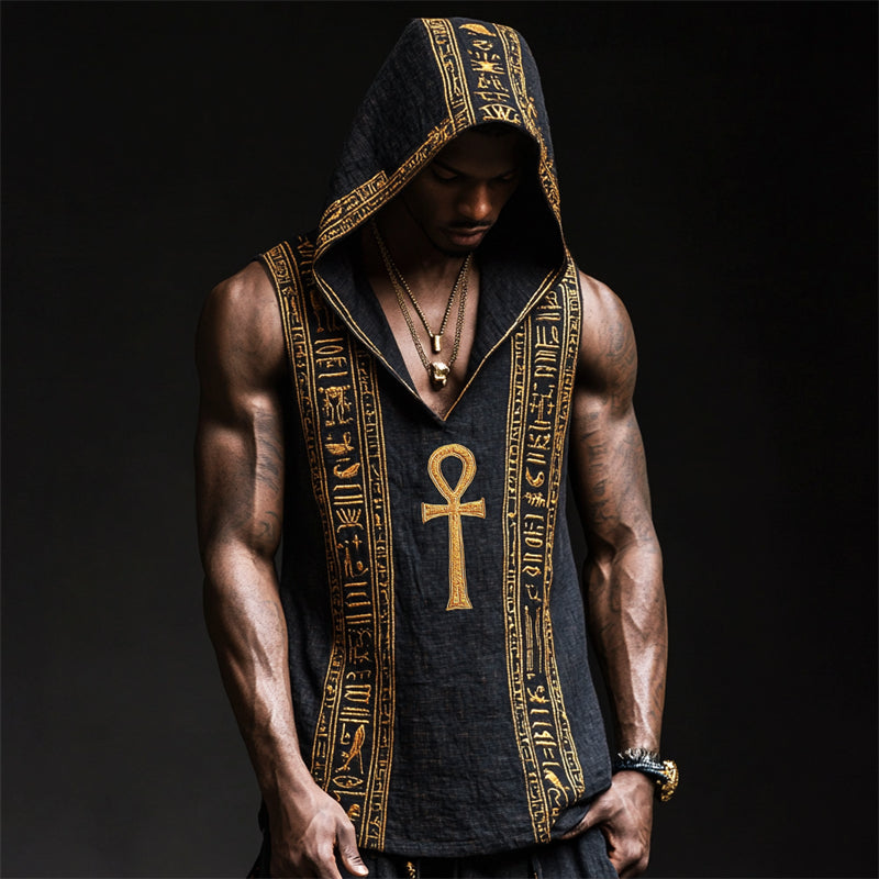 Men's Ankh Ancient Egyptian Embroidered Hooded Linen Tank artswardrobe
