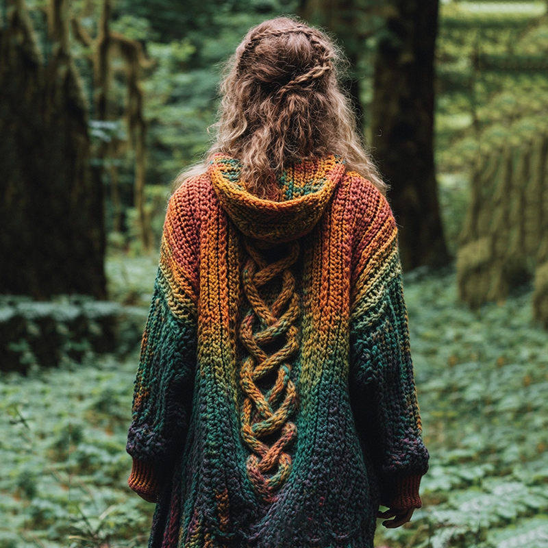Women's Celtic Knot Retro Rainbow Chunky Knit Hooded Cardigan elevenforest