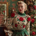 Comstylish Women's Vintage Christmas Rose Fair Isle Holly Leaf Jacquard Sweater
