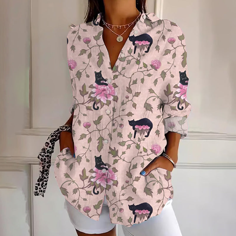 Comstylish Women's Vintage Floral Cat Cotton And Linen Shirt