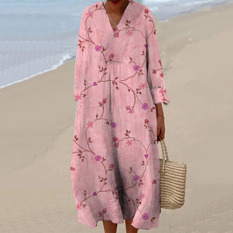 Vintage Floral Art Cotton Linen Comfy Maxi Dress artswardrobe