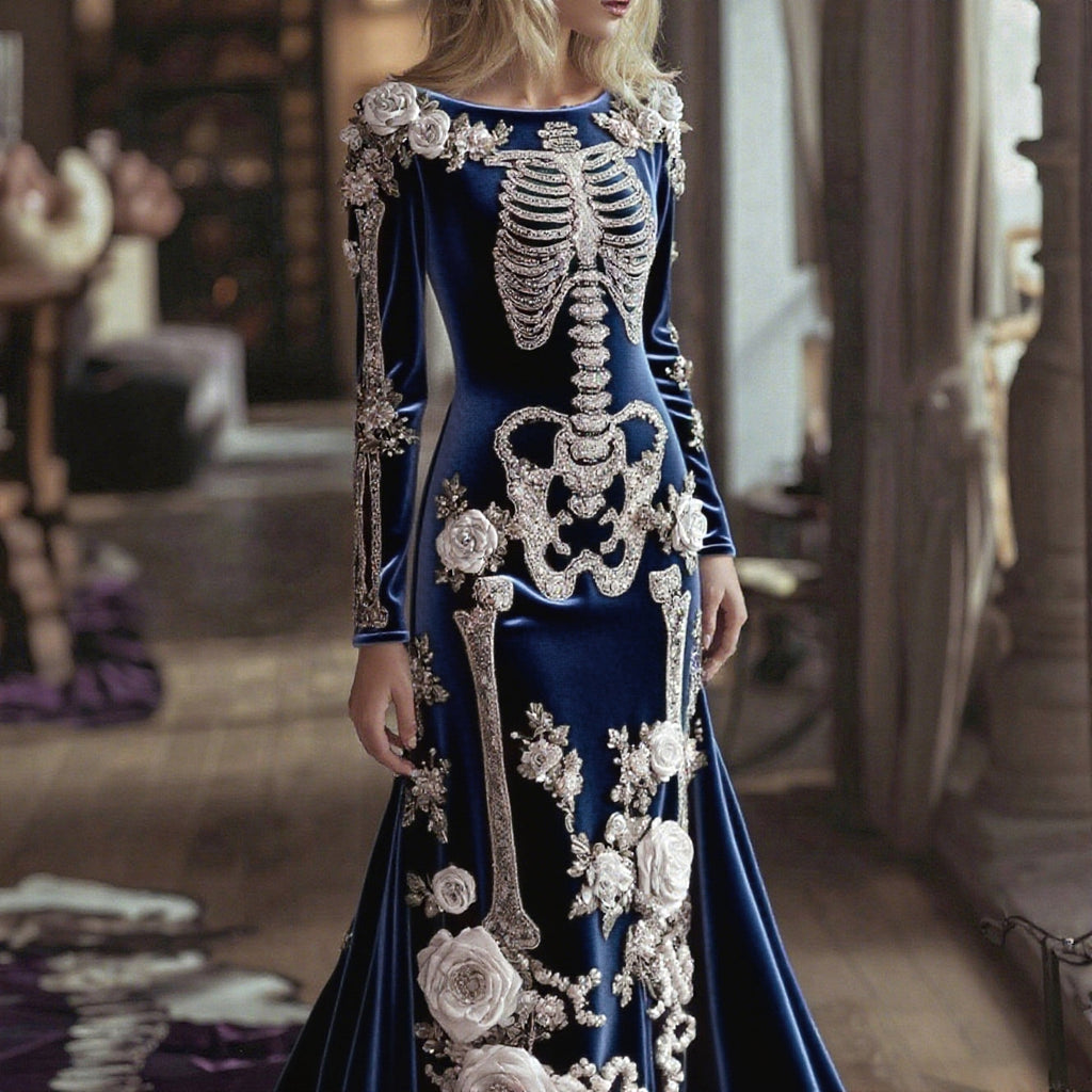 Comstylish Women's Halloween Dark Gothic Rose Skeleton Velvet Round Neck Maxi Dress
