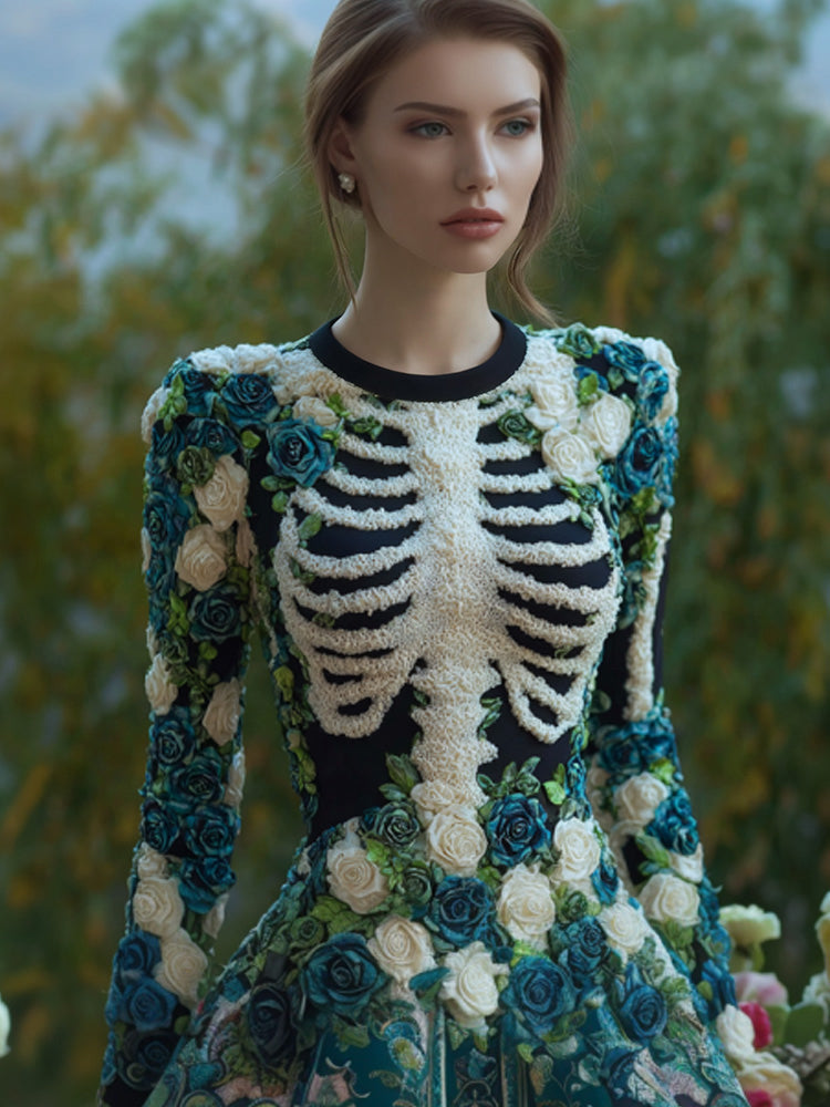 Comstylish Women's Vintage Halloween Skeleton Bones With Rose Art Cozy Knit Mini Sweater Dress