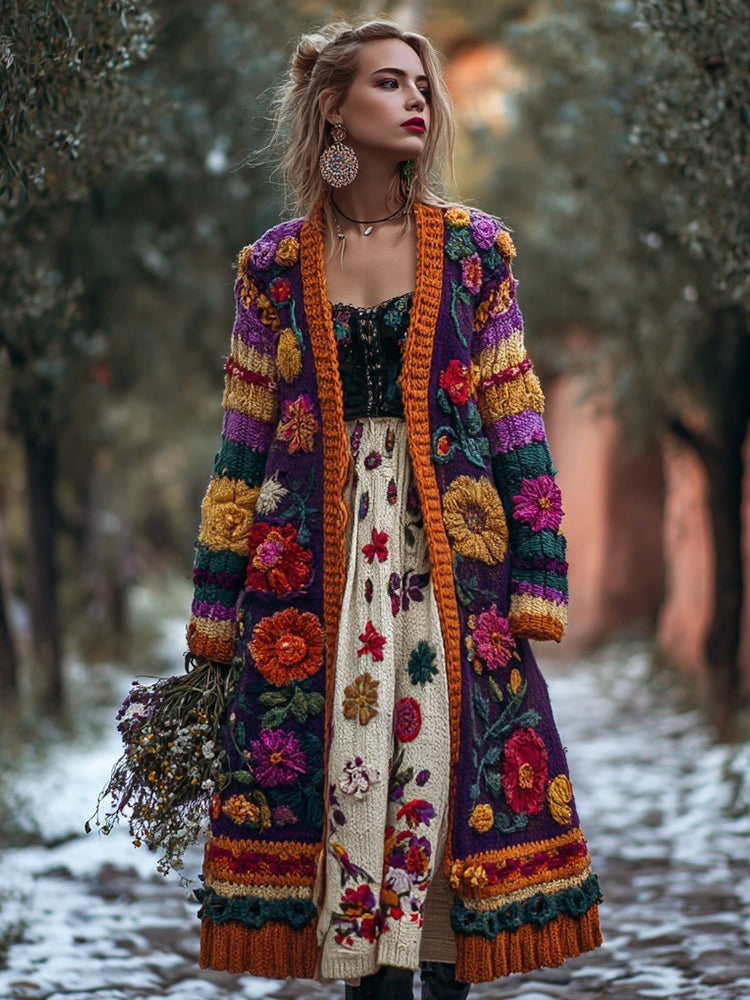 Comstylish Vintage Mexican Flowers Embroidered Cozy Sweater Cardigan