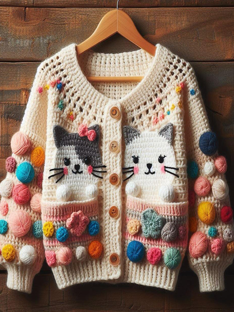 Comstylish Cute Cats Pattern Cozy Soft Crochet Cardigan