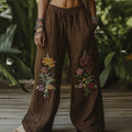 Vintage Bohemian Forest Floral Art Printed Cotton Linen Wide Leg Pants artswardrobe