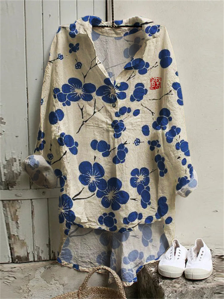 Comstylish Cherry Blossom Japanese Lino Art Woven Tunic