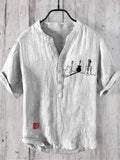 Guitar Cat Print Men's Linen V-Neck Shirt elevenforest