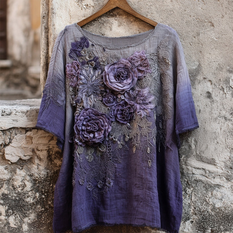 Vintage Purple Roses Embroidered Gradient Linen Tunic artswardrobe