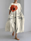 Lovely Cat & Flower Graphic Linen Blend Maxi Dress elevenforest