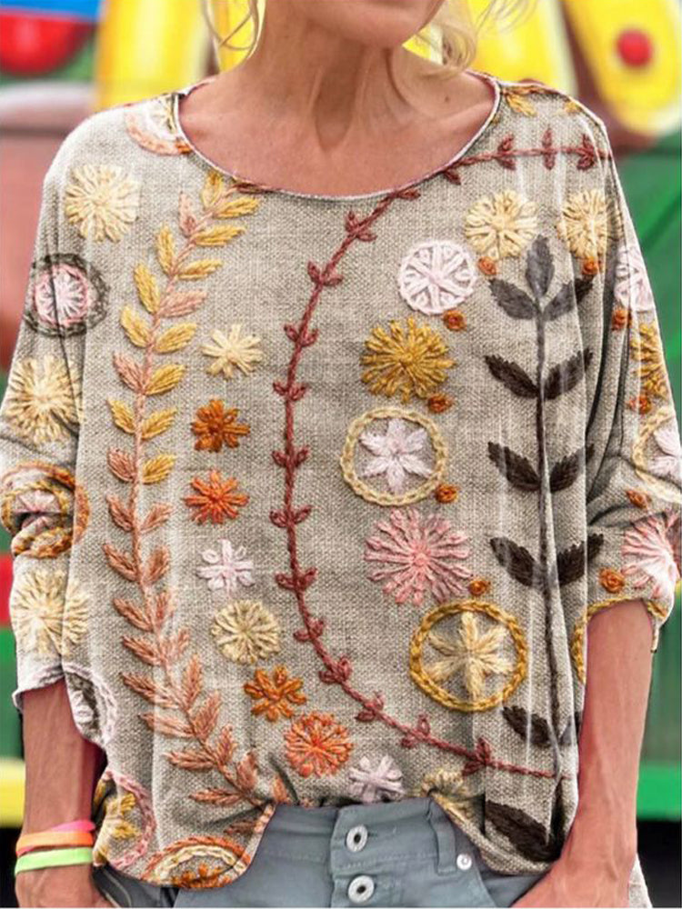Botanical Embroidery Pattern Women's Linen Long Sleeve T-shirt artswardrobe