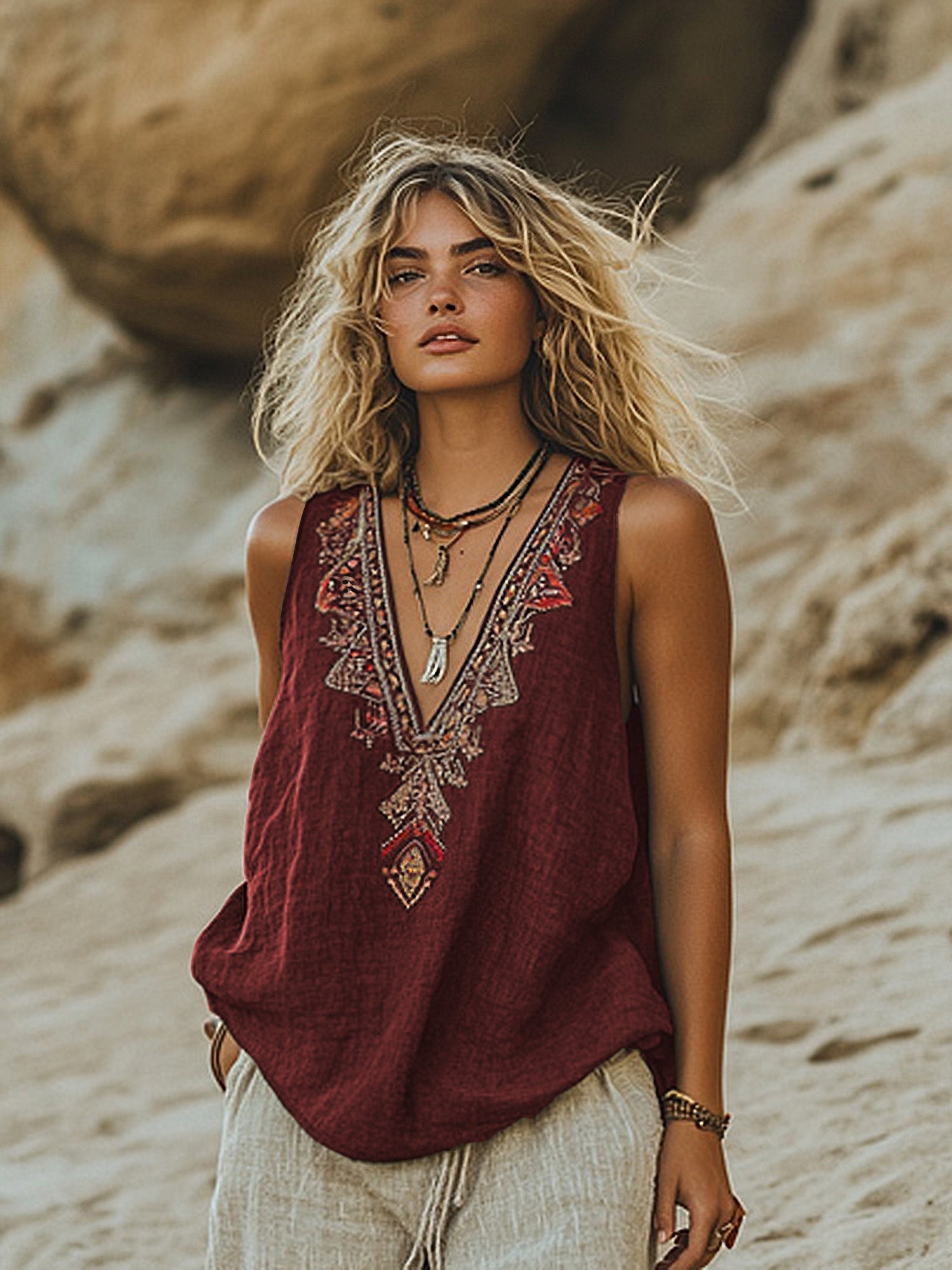Women's Retro Bohemia Ethnic Style Linen V-neek Sleeveless Top artswardrobe