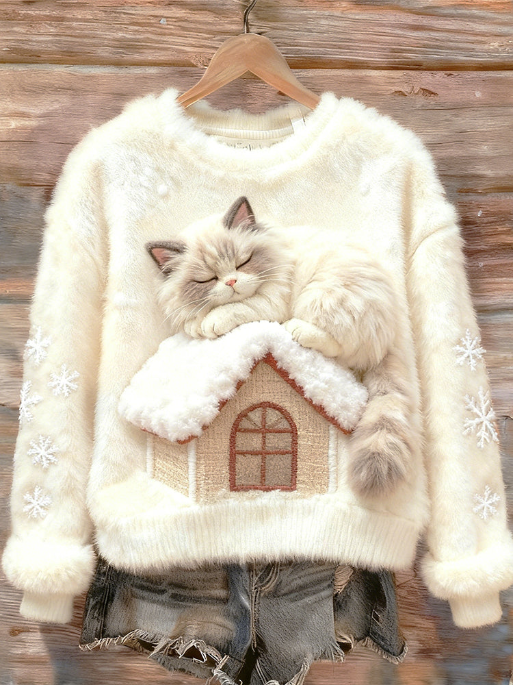 Cat On The Roof Warming Up In A Round-neck Flannel Sweatshirt elevenforest