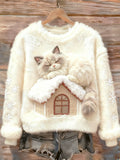 Comstylish Cat On The Roof Warming Up In A Round-neck Flannel Sweatshirt