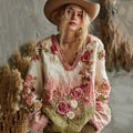 Comstylish Love & Health Collection Retro Western Women Style Vintage Rose And Floral Patchwork Art V Neck Linen Shirt