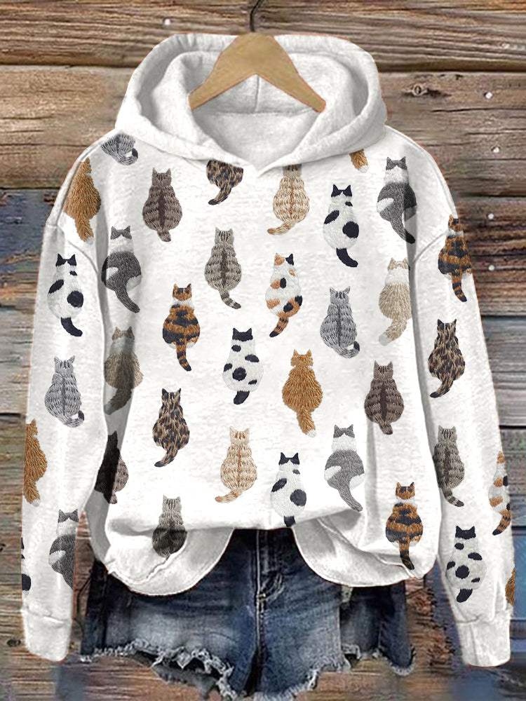 Comstylish Cute Cats Embroidery Pattern Cozy Hoodie