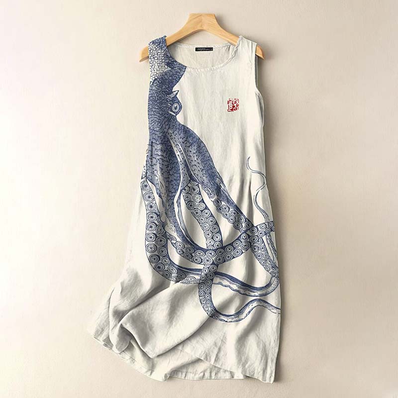 Comstylish Vintage Japanese Art Octopus Print Sleeveless Cotton And Linen Midi Dress