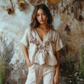 Women's Vintage Bohemian Floral Print V Neck T-shirt artswardrobe