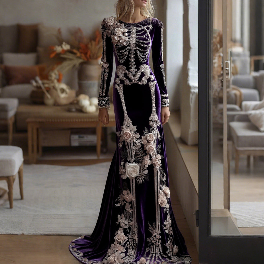 Comstylish Women's Halloween Dark Gothic Rose Skeleton Velvet Round Neck Maxi Dress