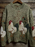 Comstylish Vintage Roosters Embroidered Crew Neck Cozy Knit Sweater