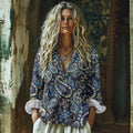 Retro  Tribal Paisley Art Print Cotton And Linen V-neck Loose Shirt artswardrobe