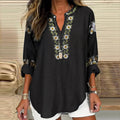 Vintage Ethnic Floral Linen V-neck Long Sleeve Shirt artswardrobe