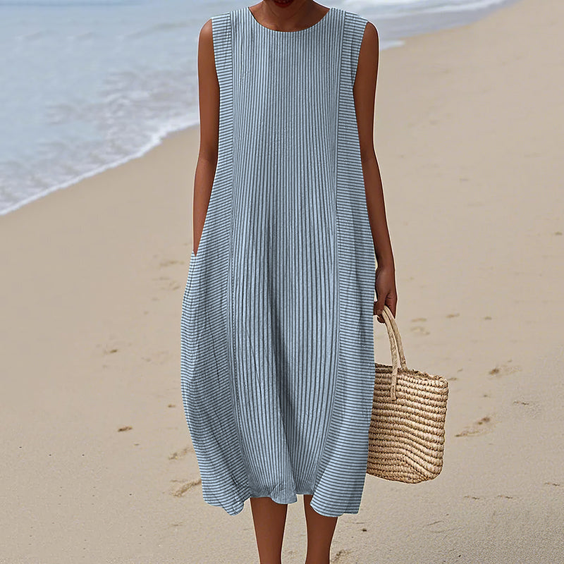 Women's Vintage Striped Art Print Sleeveless Wrap Dress artswardrobe