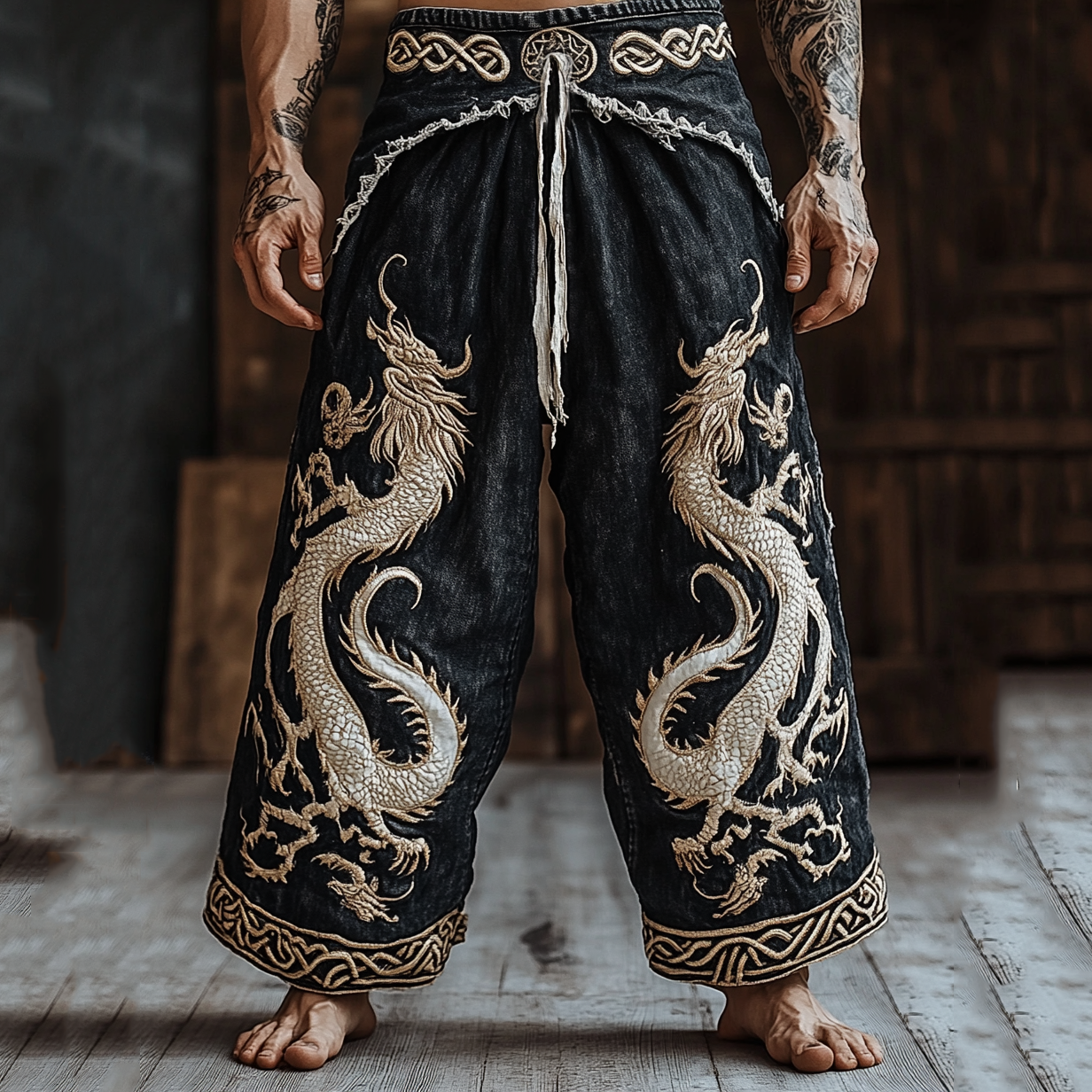 Men's Retro Viking Dragon Totem Patchwork Print Casual Pants artswardrobe