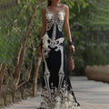 Comstylish Women's Vintage Halloween Skeleton Bones With Rose Art Cozy Sleeveless Maxi Dress